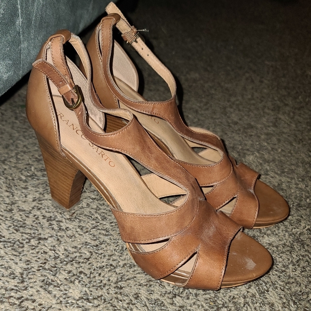 Franco Sarto Cognac Brown Leather Cutout Block Heel Sandals